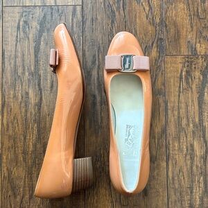 Salvatore Ferragamo Peach Patent Vara Bow Low Heel Flats